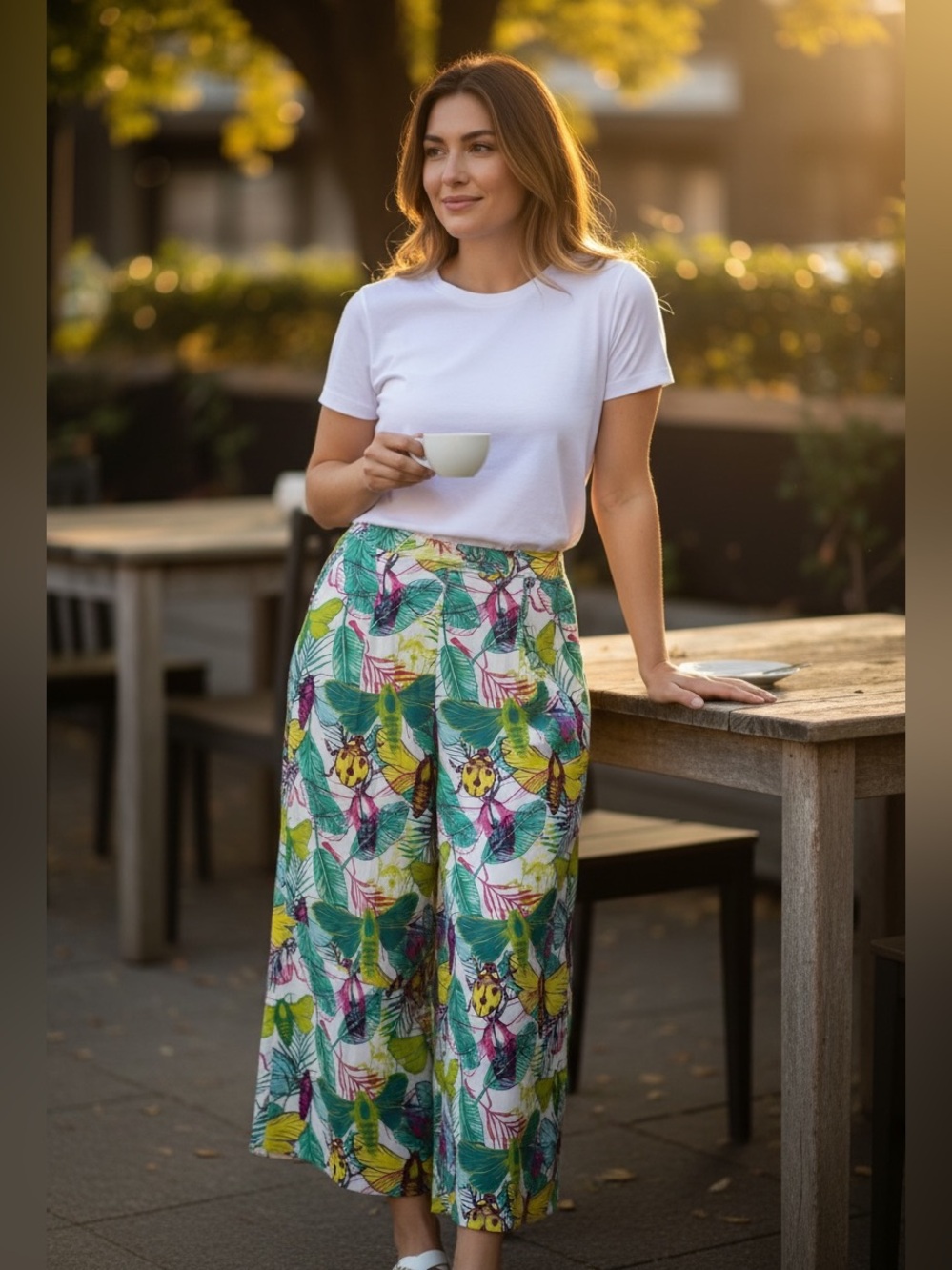 Daniella Batlle 100% Silk Leaf & Bug Motif High Rise Wide Leg Pants Cropped S